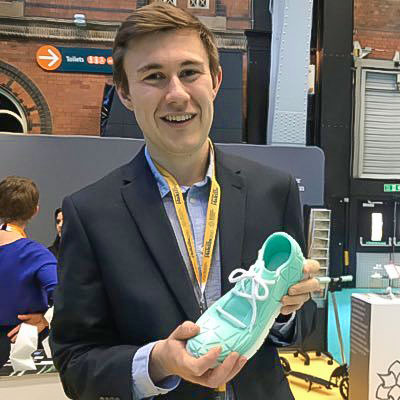 Mark Chester with prototype 'safety trainer' designed in CAD software Fusion 360